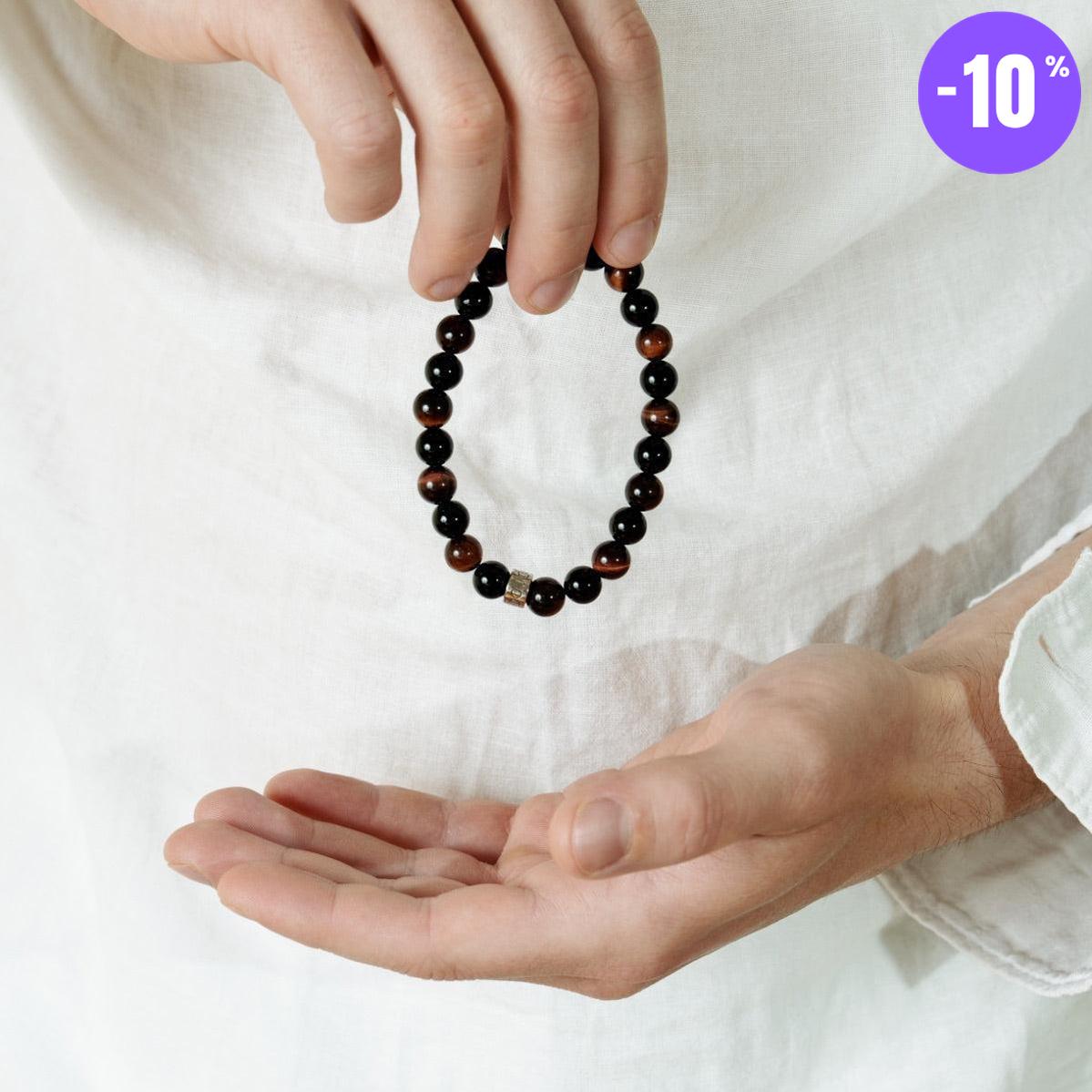 Bracelet « Force & Puissance » en Oeil de Tigre Rouge et Onyx Noir