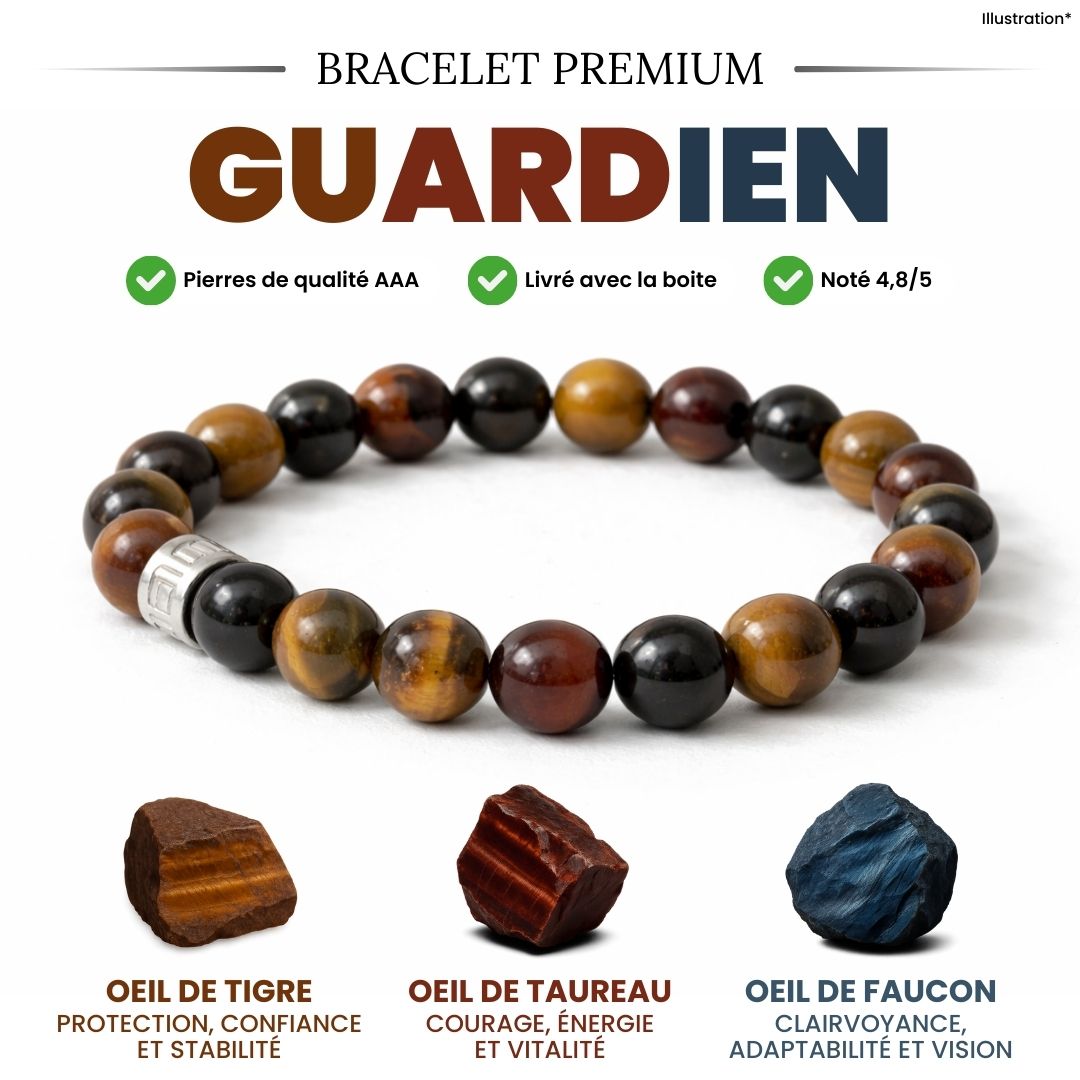 Bracelet « Gardien des 3 Yeux » en Œil de Tigre, Œil de Taureau et Œil de Faucon