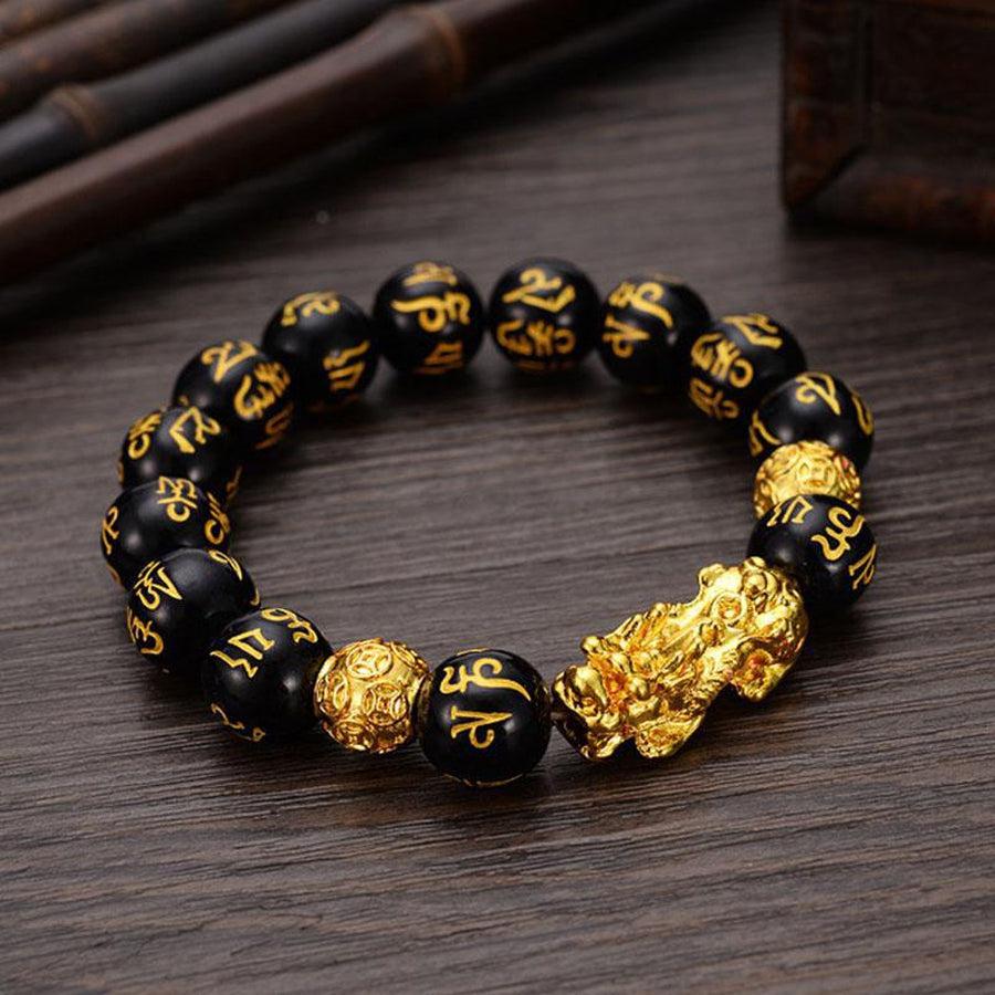 Bracelet Pixiu Bouddhiste en perles deux tons noire et or