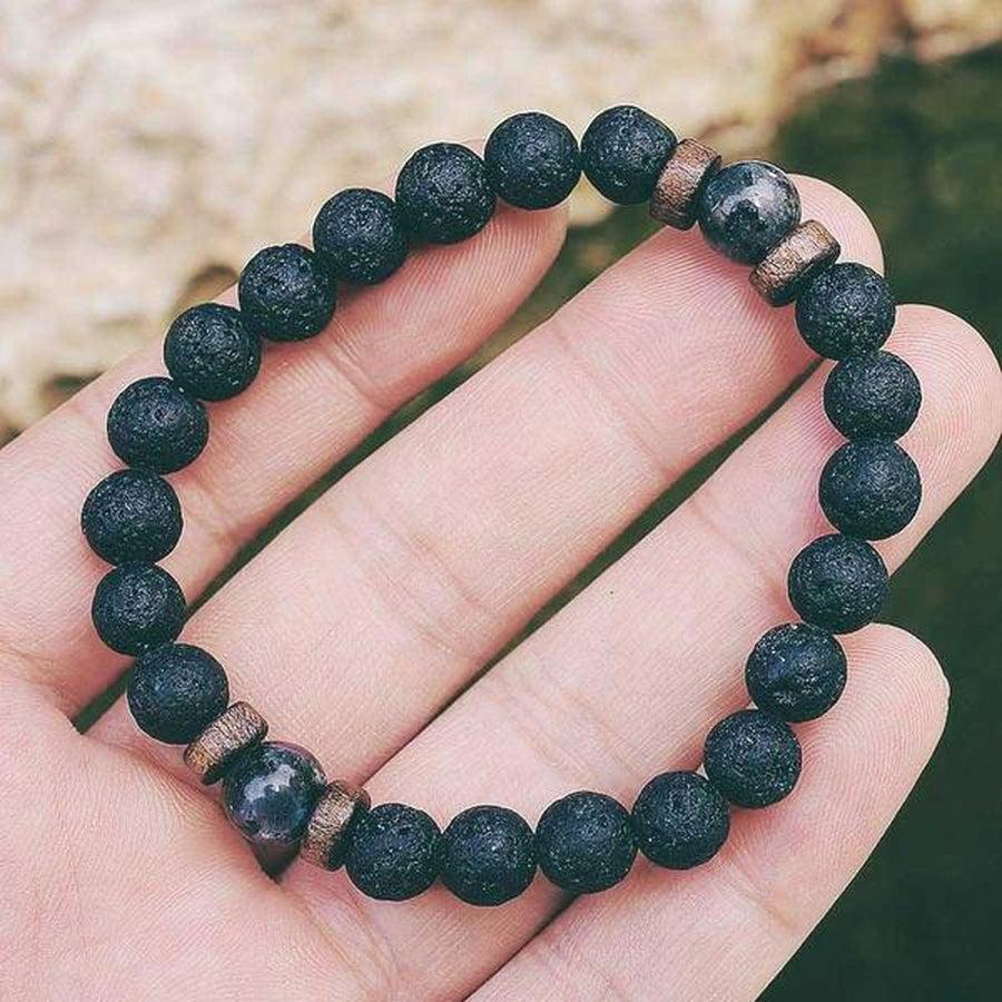 Bracelet «reconstruction» en bois, Pierres de Lave et Labradorite