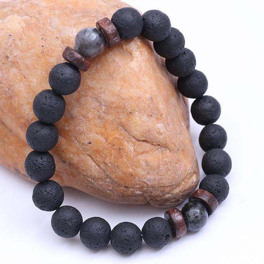 Bracelet «reconstruction» en bois, Pierres de Lave et Labradorite