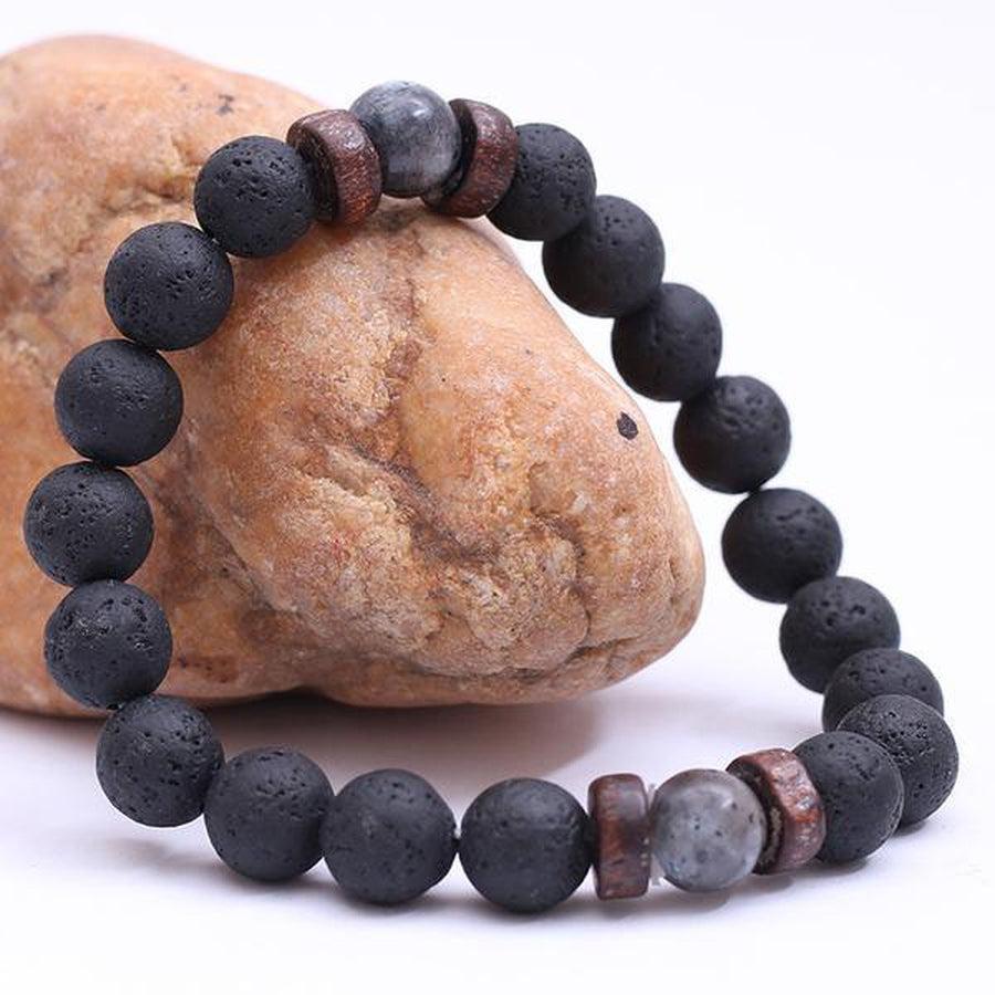 Bracelet «reconstruction» en bois, Pierres de Lave et Labradorite