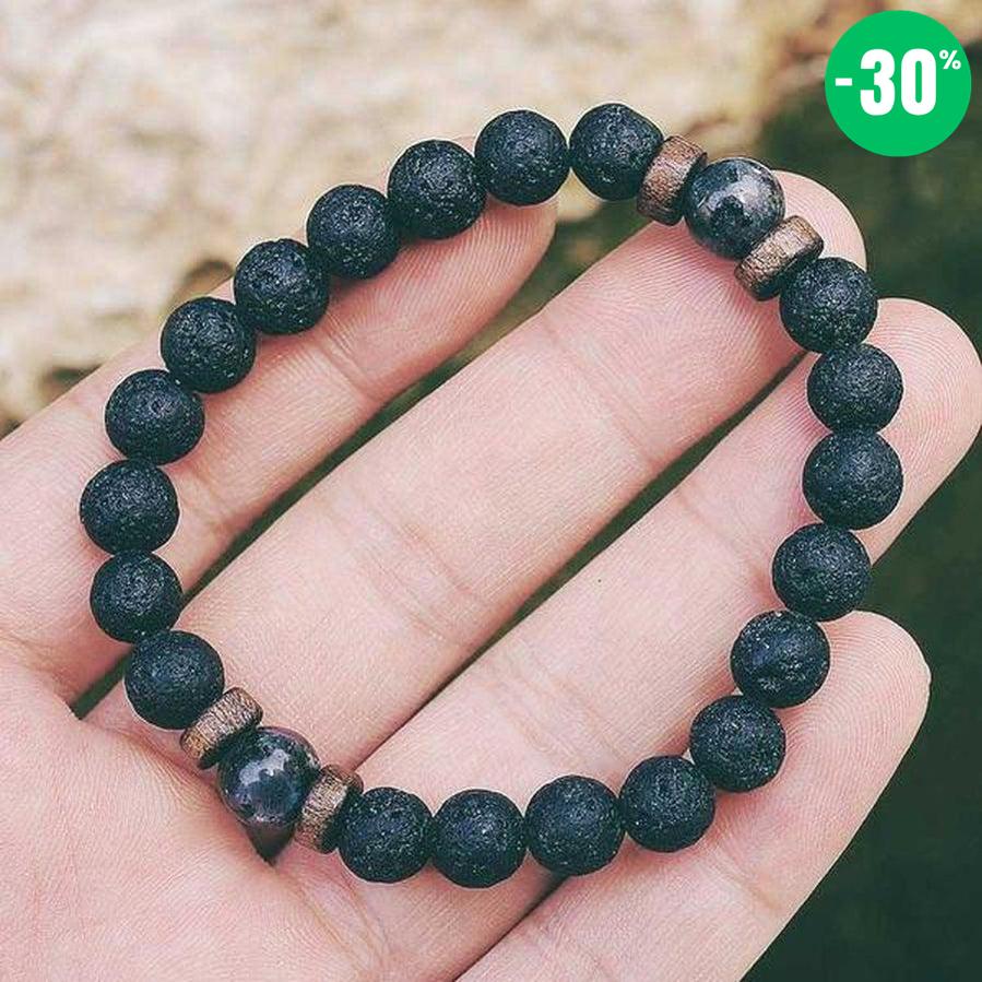 Bracelet «reconstruction» en bois, Pierres de Lave et Pierre de Lune