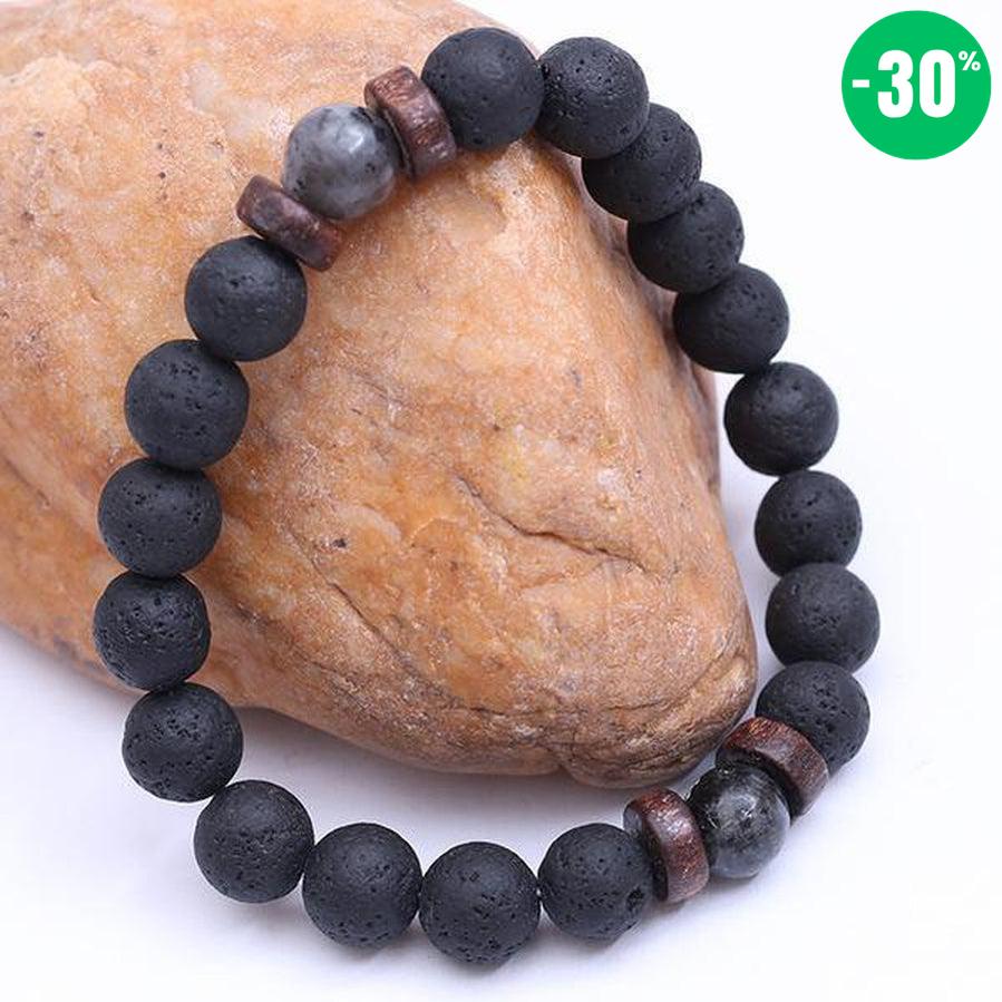 Bracelet «reconstruction» en bois, Pierres de Lave et Pierre de Lune