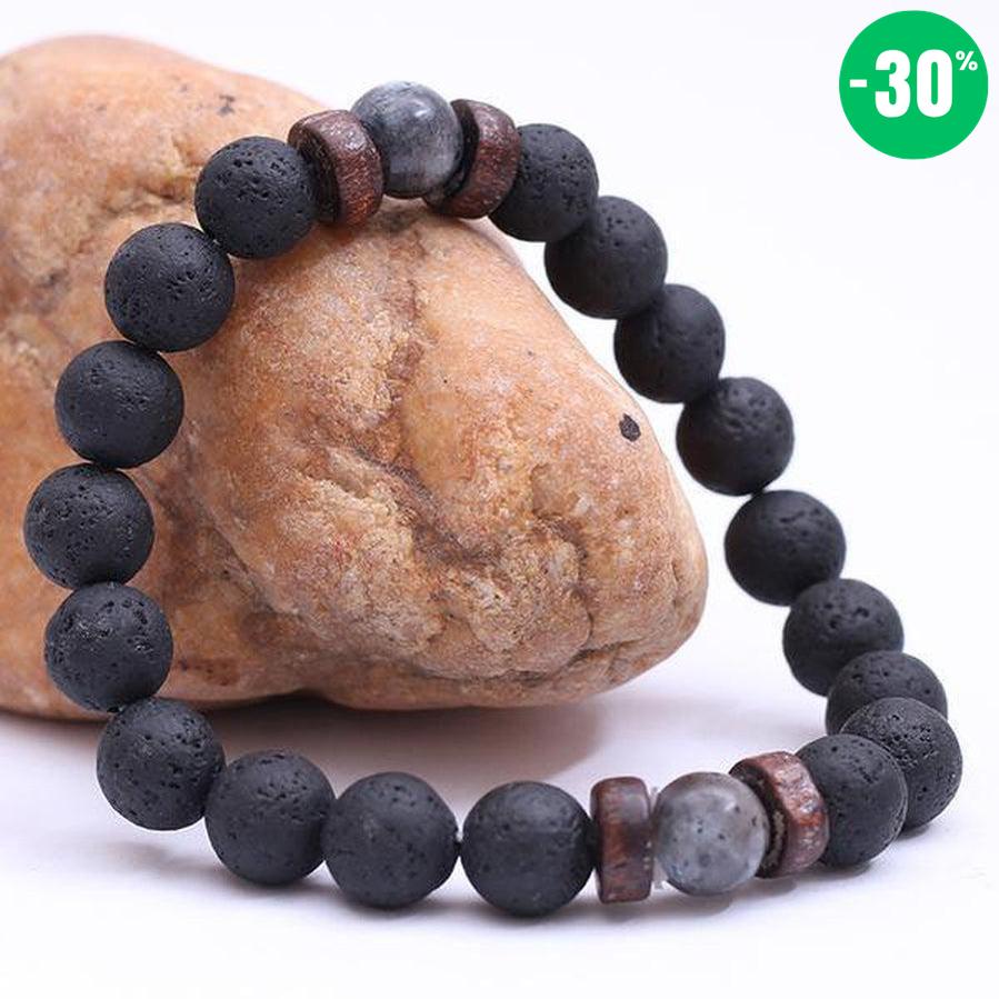 Bracelet «reconstruction» en bois, Pierres de Lave et Pierre de Lune