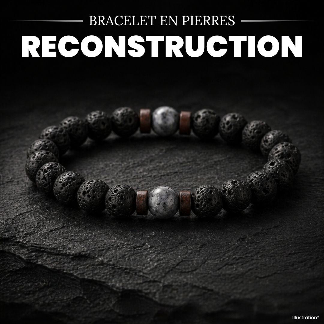 Bracelet «reconstruction» en bois, Pierres de Lave et Pierre de Lune