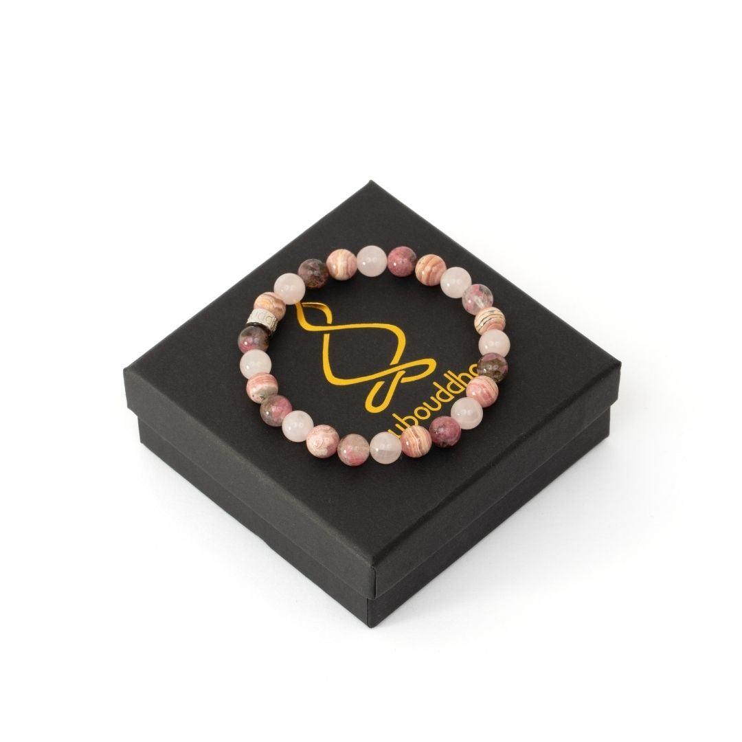 Bracelet « Relations apaisées » en Rhodonite, Rhodochrosite et Quartz Rose