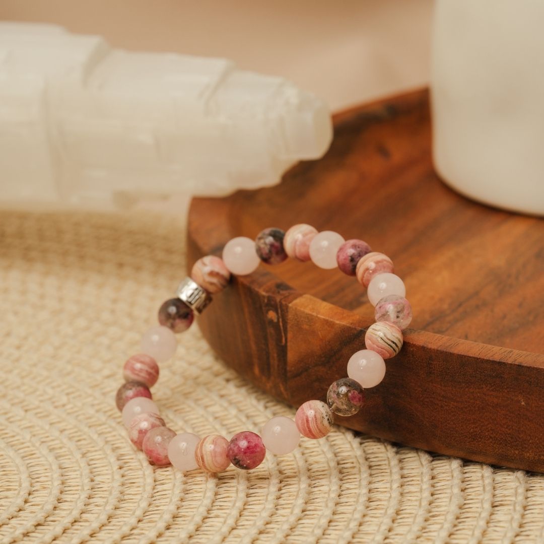 Bracelet « Relations apaisées » en Rhodonite, Rhodochrosite et Quartz Rose