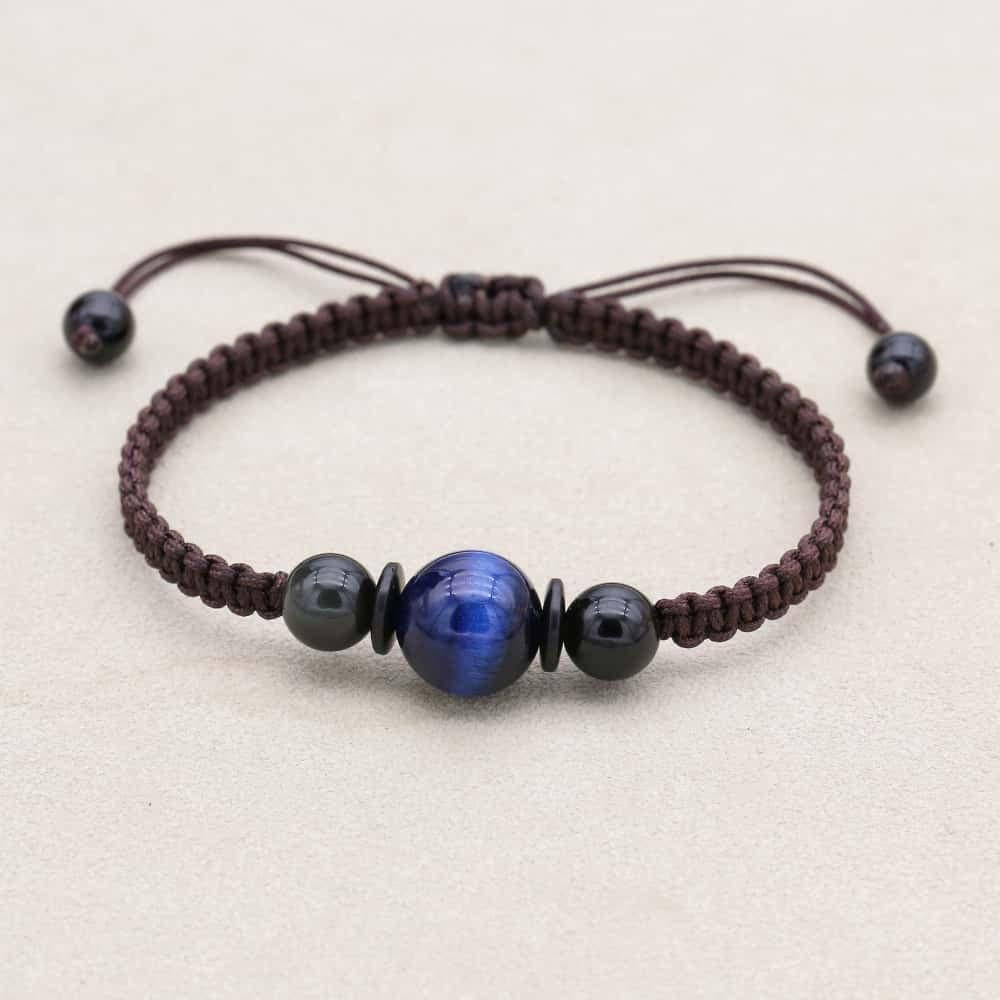 Bracelet Shamballa Œil de tigre bleu sur cordon tissé