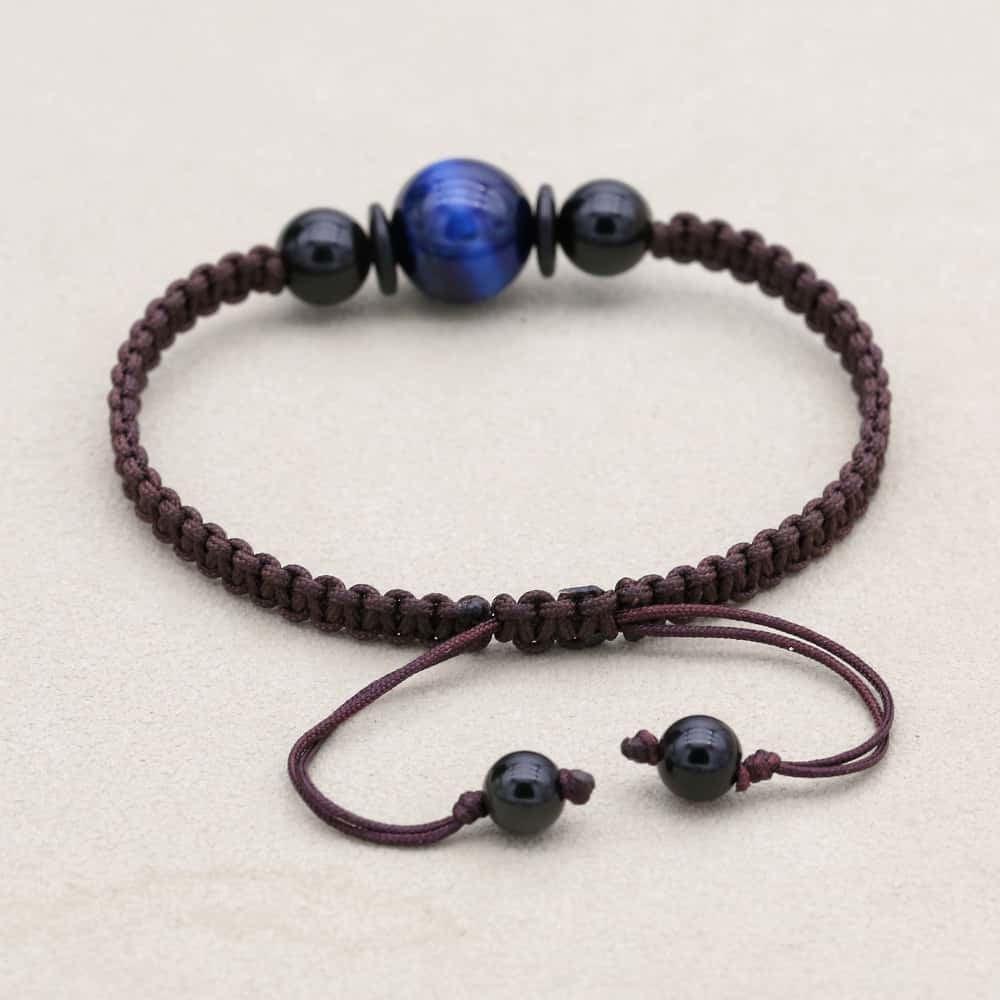 Bracelet Shamballa Œil de tigre bleu sur cordon tissé