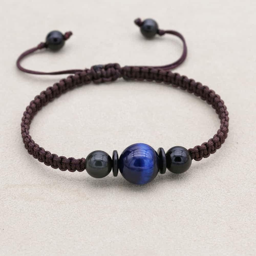 Bracelet Shamballa Œil de tigre bleu sur cordon tissé