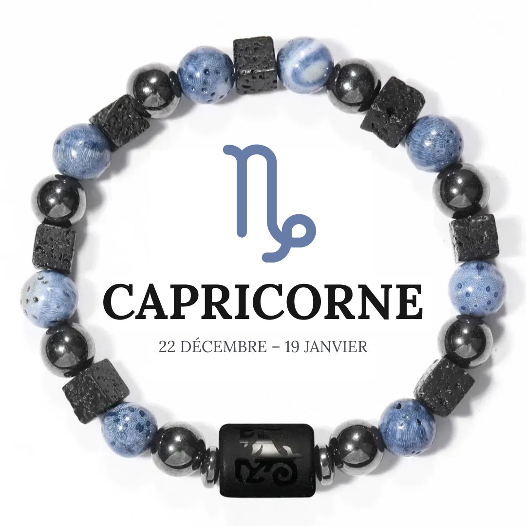 Bracelet Signe Astrologique en Hématite, Corail bleu et Pierre de lave