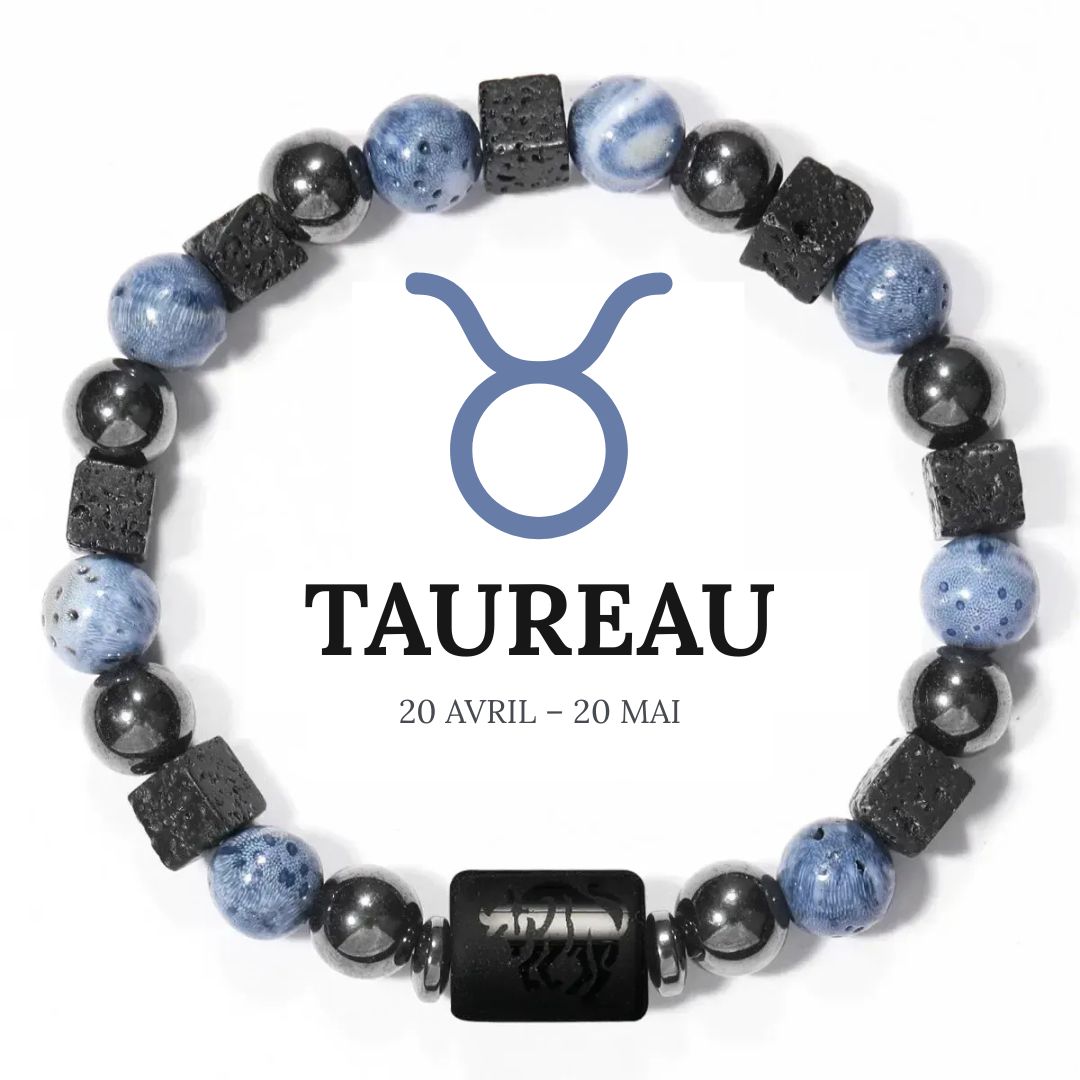 Bracelet Signe Astrologique en Hématite, Corail bleu et Pierre de lave
