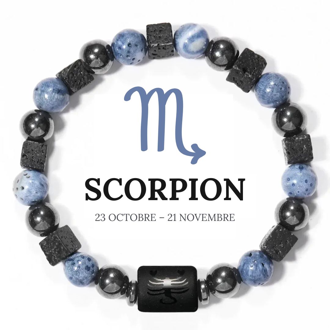 Bracelet Signe Astrologique en Hématite, Corail bleu et Pierre de lave