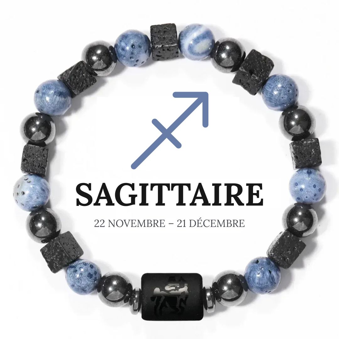 Bracelet Signe Astrologique en Hématite, Corail bleu et Pierre de lave