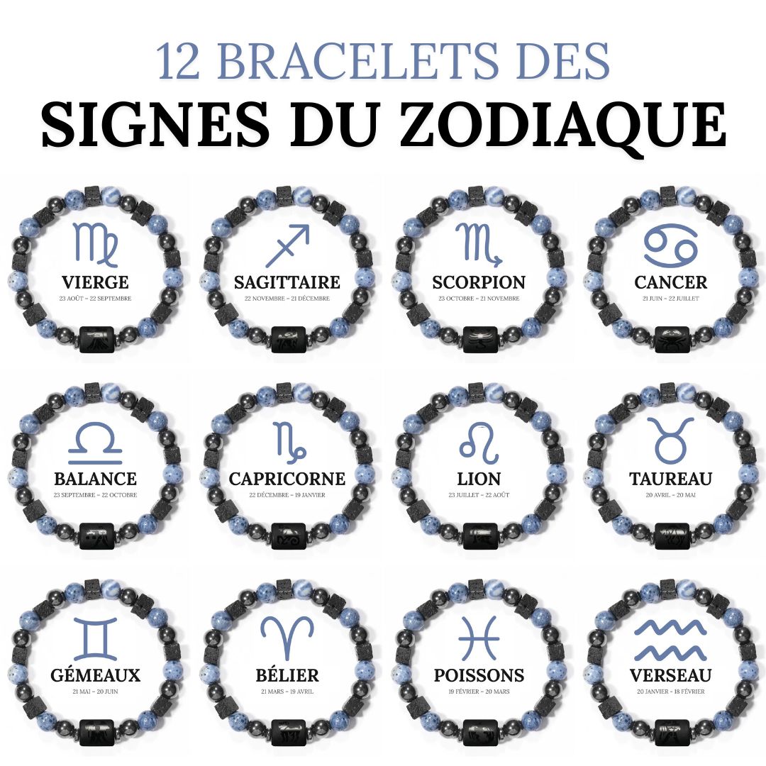 Bracelet Signe Astrologique en Hématite, Corail bleu et Pierre de lave