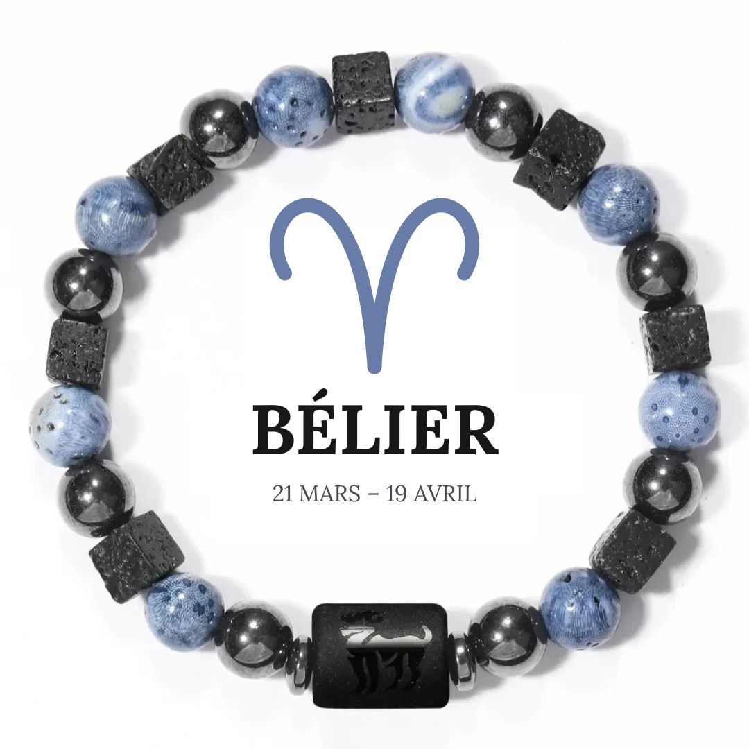 Bracelet Signe Astrologique en Hématite, Corail bleu et Pierre de lave