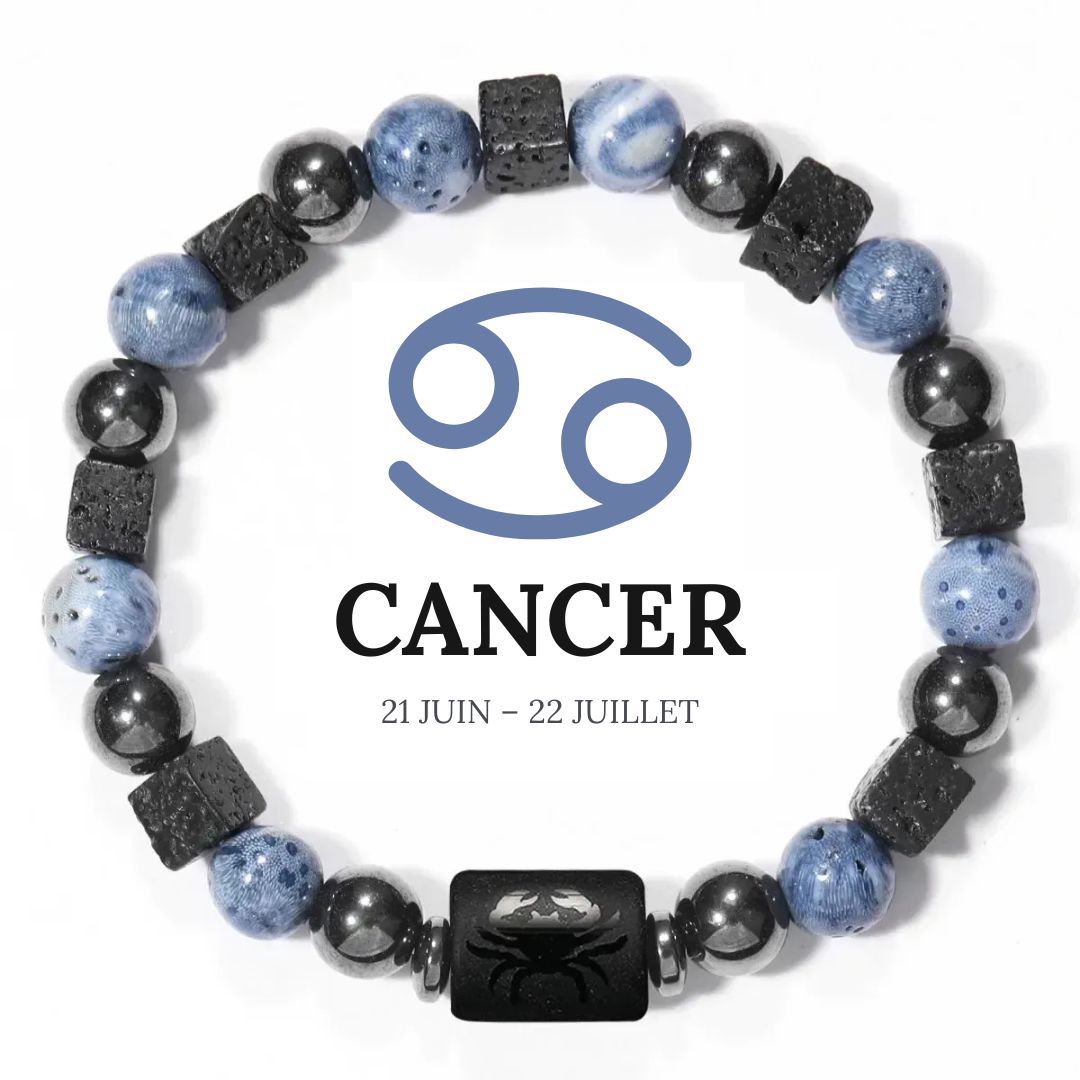Bracelet Signe Astrologique en Hématite, Corail bleu et Pierre de lave