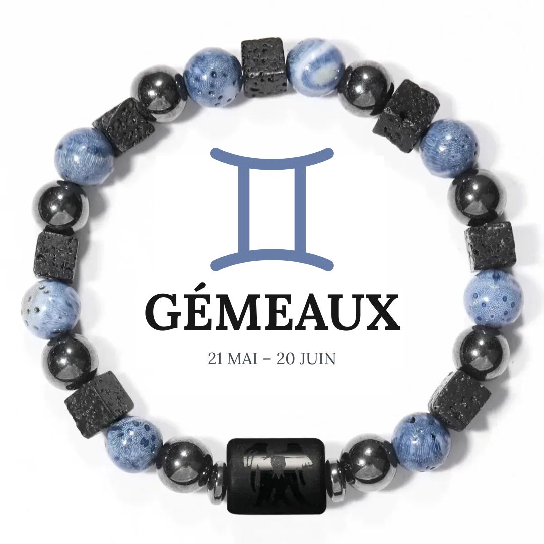Bracelet Signe Astrologique en Hématite, Corail bleu et Pierre de lave