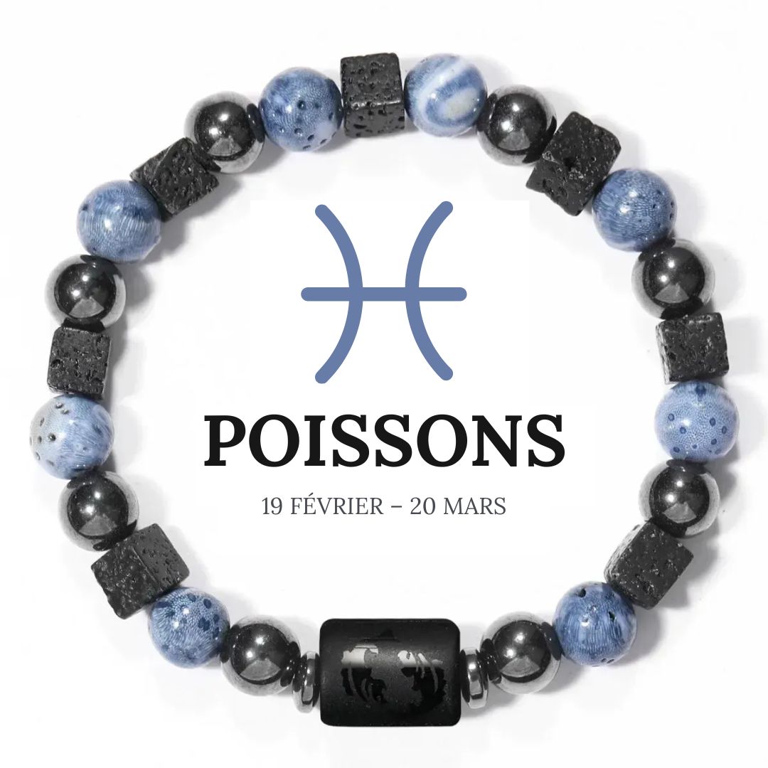Bracelet Signe Astrologique en Hématite, Corail bleu et Pierre de lave