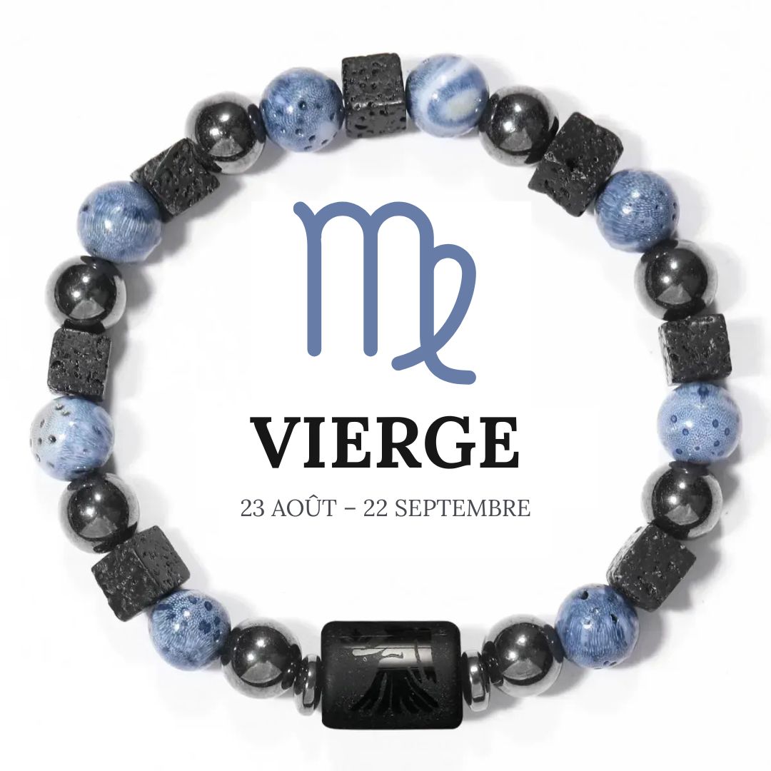 Bracelet Signe Astrologique en Hématite, Corail bleu et Pierre de lave