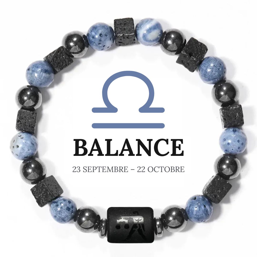 Bracelet Signe Astrologique en Hématite, Corail bleu et Pierre de lave