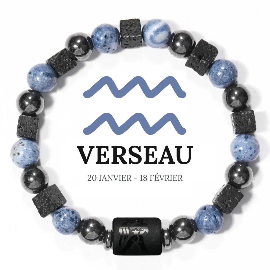 Bracelet Signe Astrologique en Hématite, Corail bleu et Pierre de lave