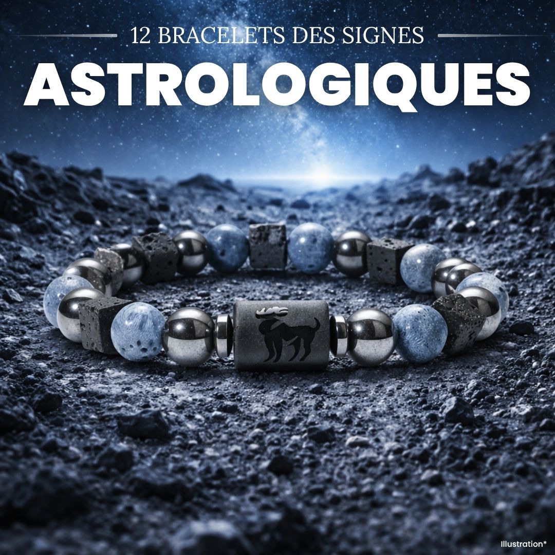 Bracelet Signe Astrologique en Hématite, Corail bleu et Pierre de lave