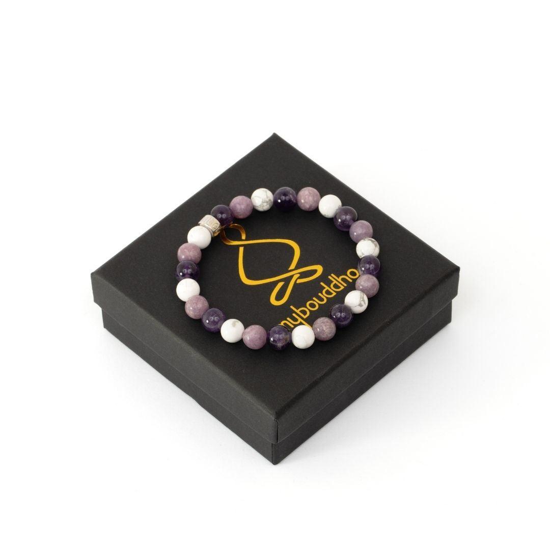 Bracelet « Sommeil apaisé » en Améthyste, Howlite et Lépidolite