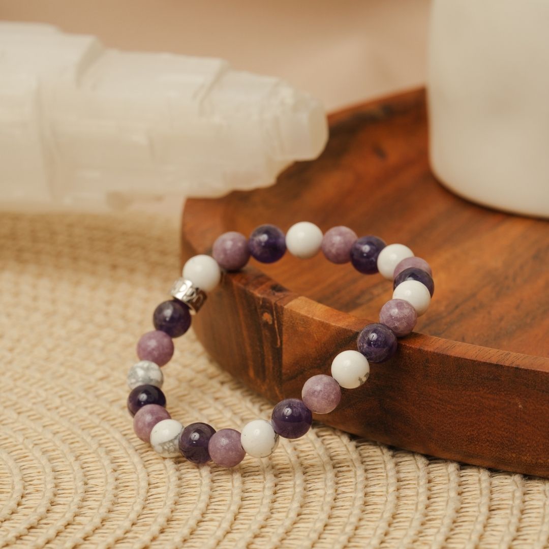 Bracelet « Sommeil apaisé » en Améthyste, Howlite et Lépidolite