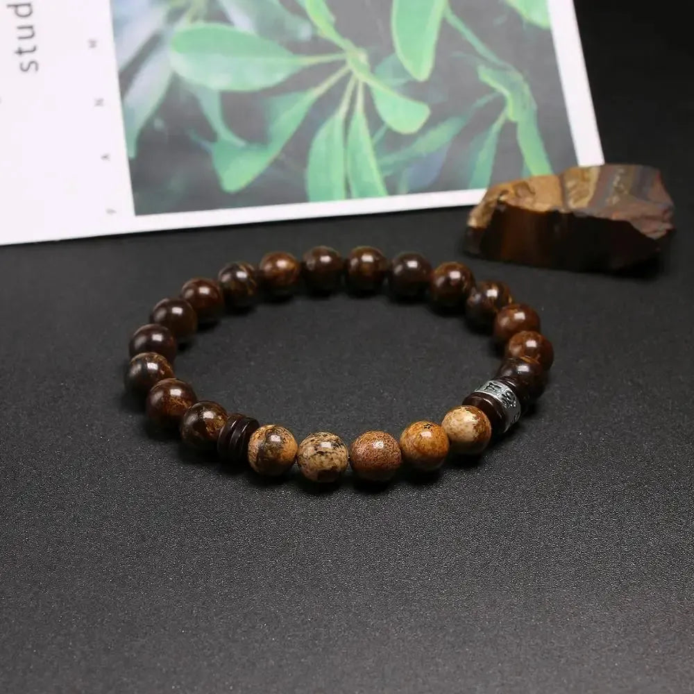 Bracelet tibétain en perles de pierre de Bronzite et coquille de noix de coco