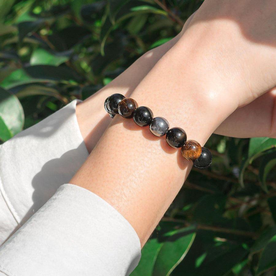 Bracelet «Triple protection» en obsidienne noire, oeil de tigre et hématite.