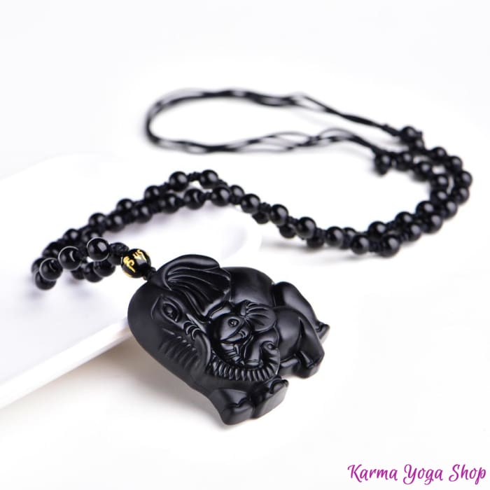 Collier "Éléphant et Protection" en Obsidienne Noire