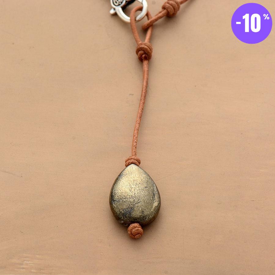 Collier en cuir véritable et galet de Pyrite
