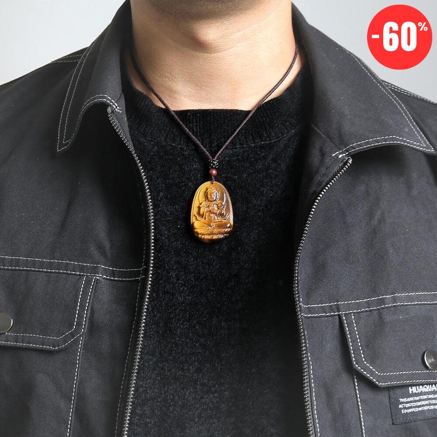 Collier en pierre naturelle en Œil de tigre sculpté à l’effigie de Bouddha