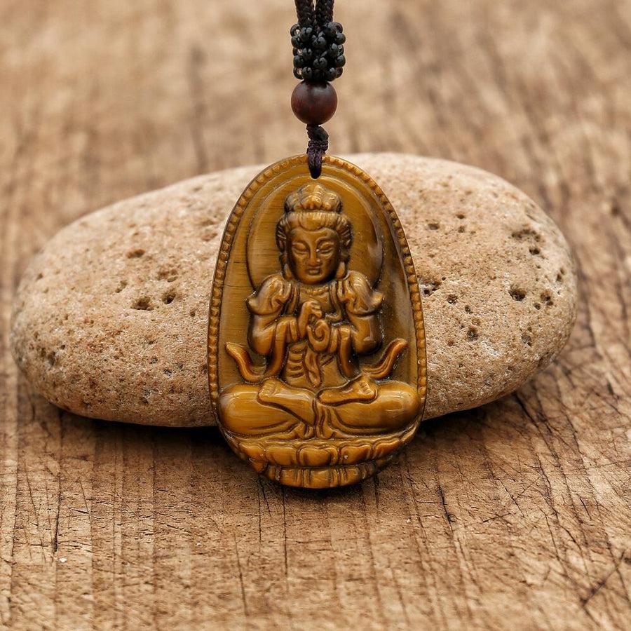 Collier en pierre naturelle en Œil de tigre sculpté à l’effigie de Bouddha