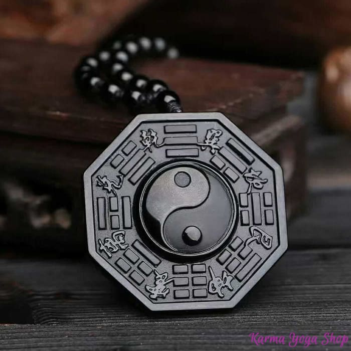 Collier et Pendentif sculpté "Yin & Yang" en Obsidienne Noire
