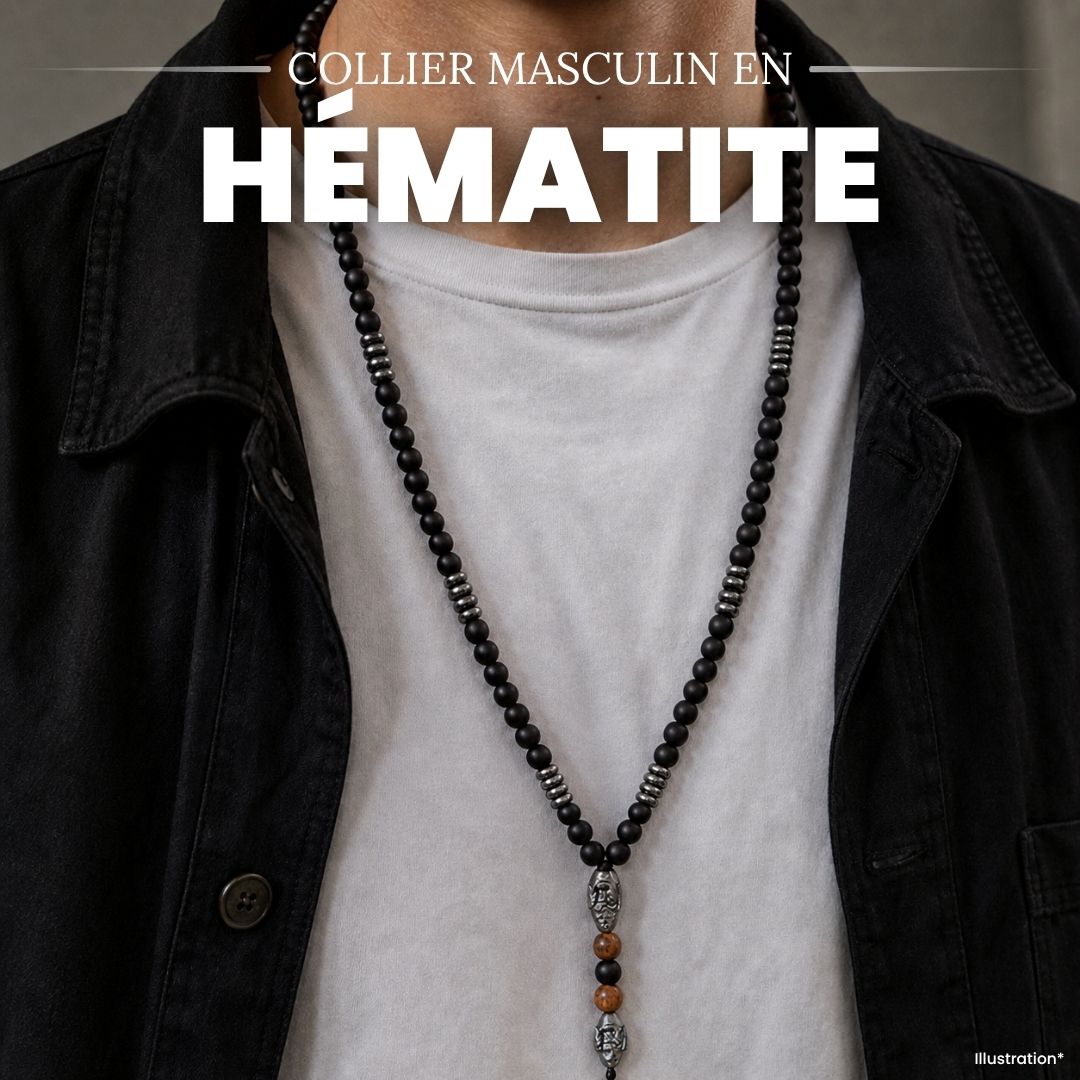 Collier masculin « Vitalité, Energie et Protection » en hématite et pierres de haute qualité