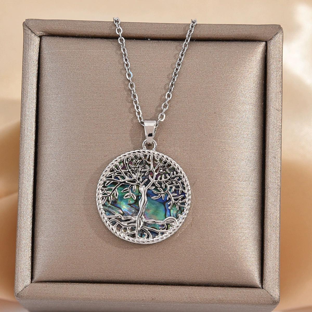 Collier pendentif Arbre de vie avec fond en coquillage d'ormeau