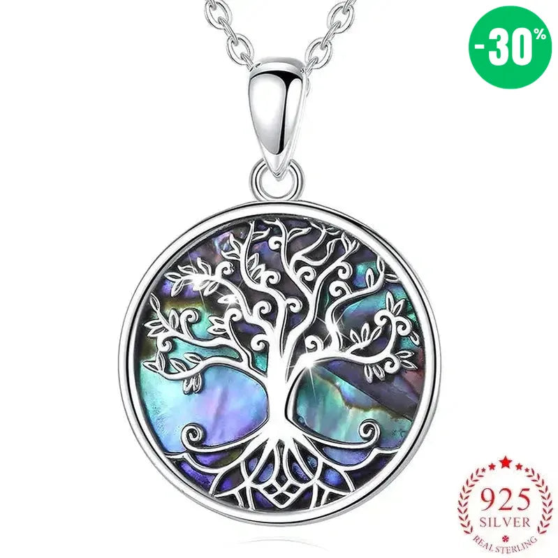 Collier pendentif Arbre de vie en argent Sterling 925 et fond en coquillage d'ormeau