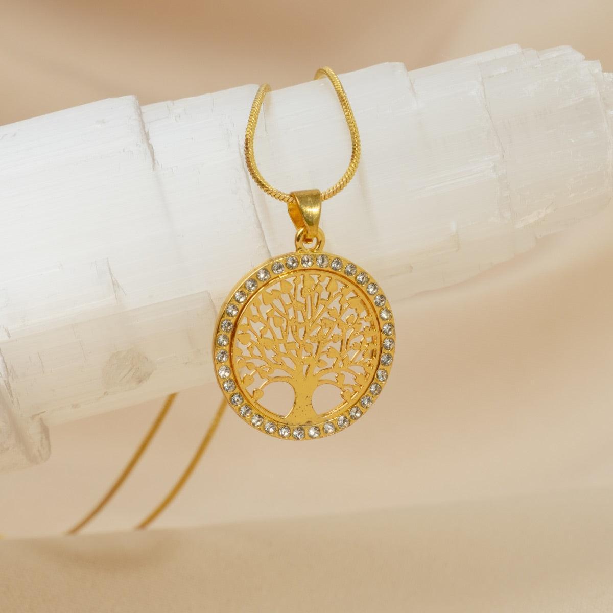 Collier pendentif Arbre de vie et cristal