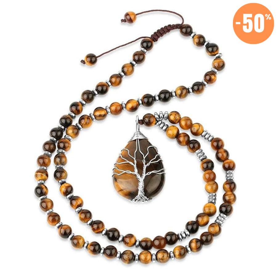 Collier pendentif goute d’eau en Œil de tigre naturel et « Arbre de vie »