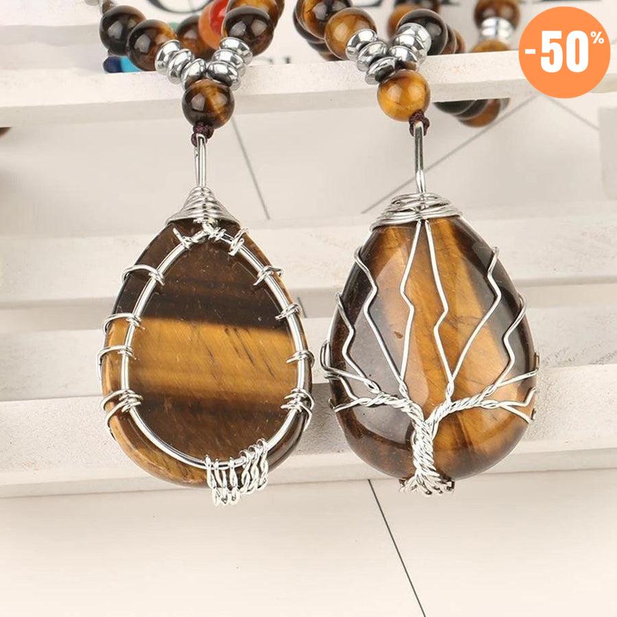 Collier pendentif goute d’eau en Œil de tigre naturel et « Arbre de vie »