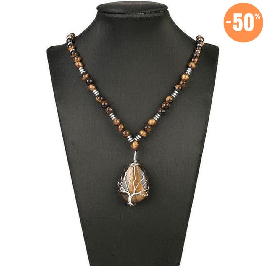 Collier pendentif goute d’eau en Œil de tigre naturel et « Arbre de vie »