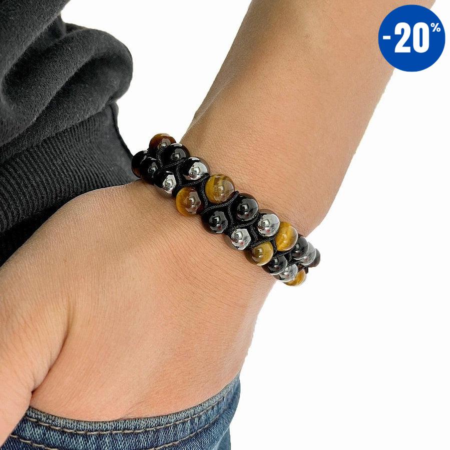 Double Bracelet Shamballa en Œil de Tigre, Hématite et Obsidienne Noire - Protection et Équilibre