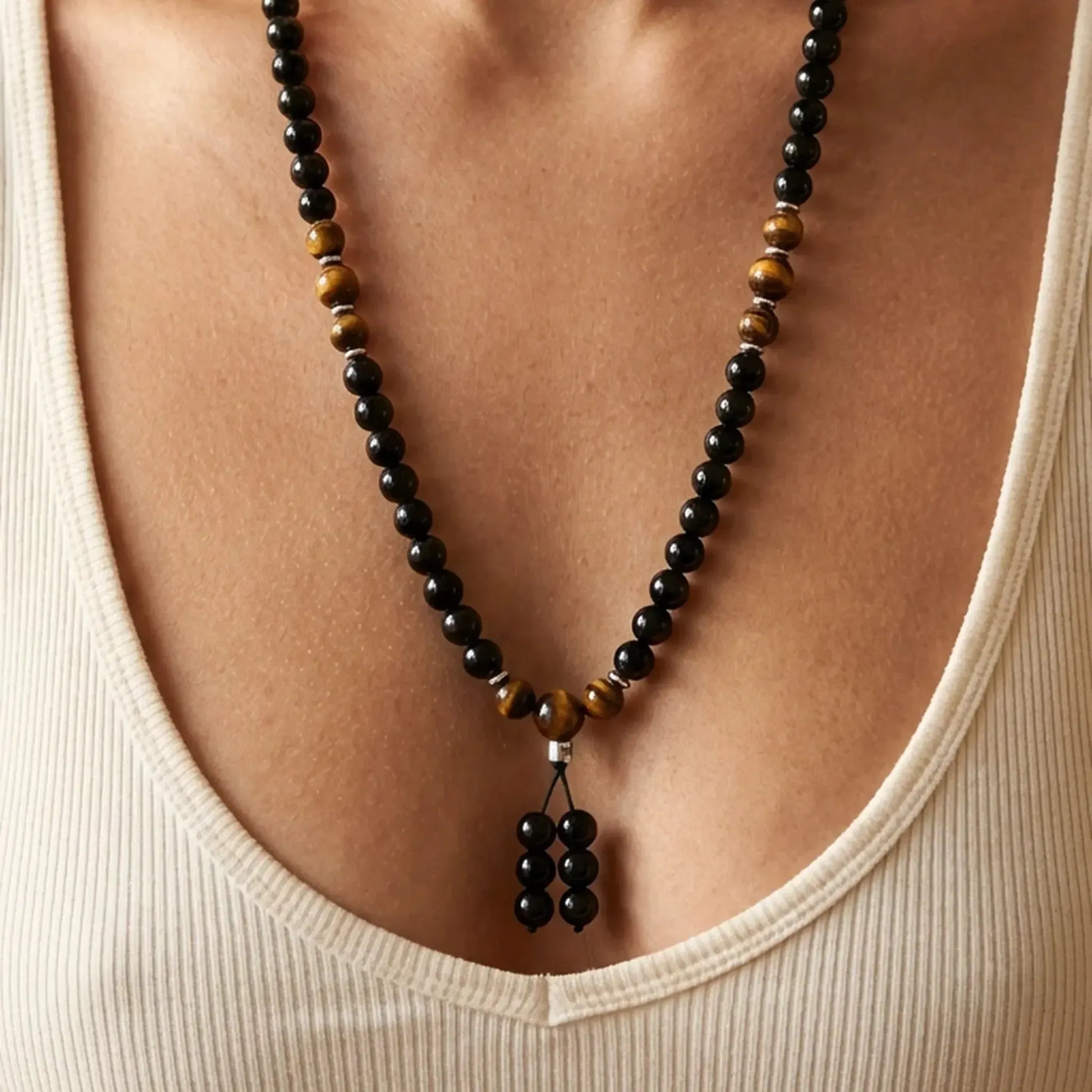 Mala Bouddhiste en Obsidienne et Oeil de Tigre