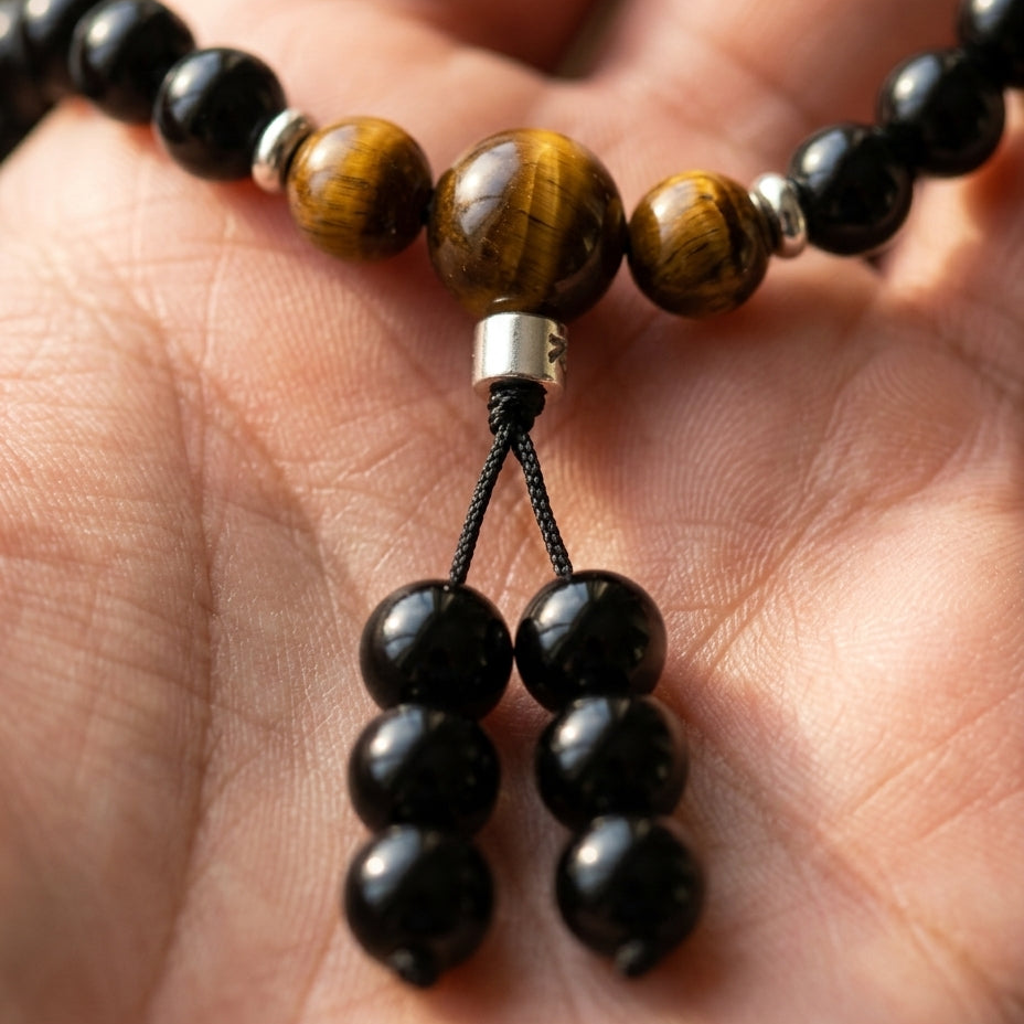 Mala Bouddhiste en Obsidienne et Oeil de Tigre