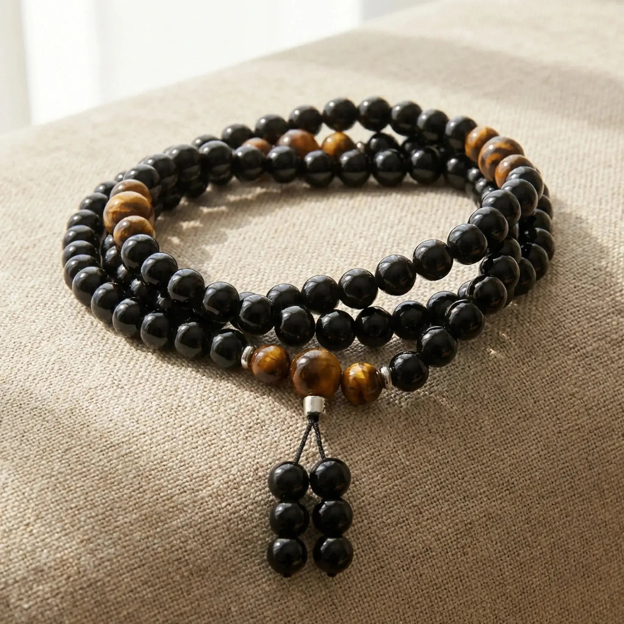 Mala Bouddhiste en Obsidienne et Oeil de Tigre