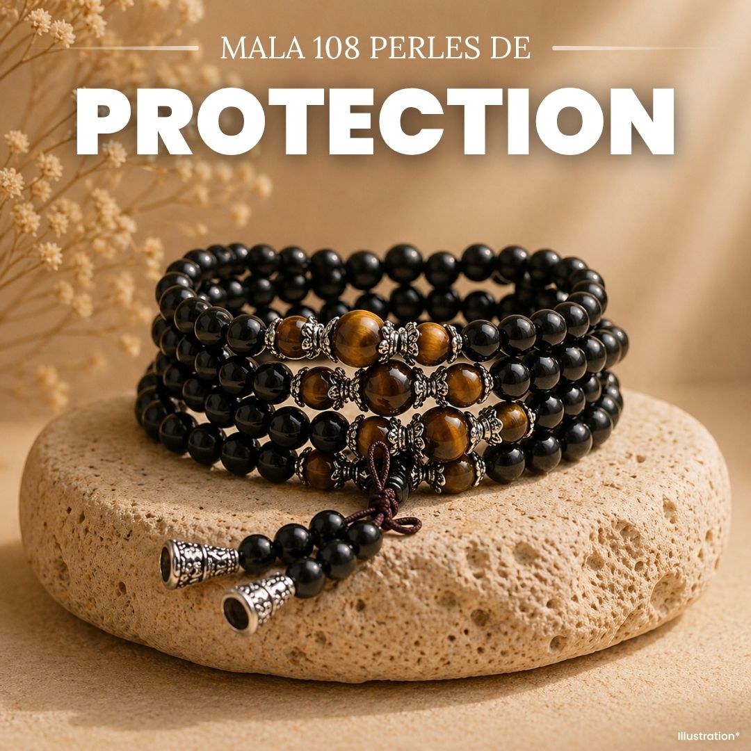 Mala de protection 108 perles oeil de tigre et obsidienne noire