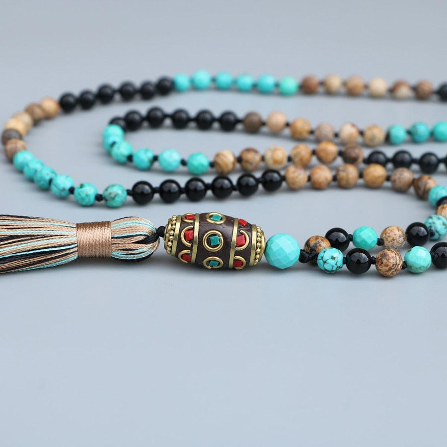 Mala du Népal en pierres d'Onyx et de Turquoise